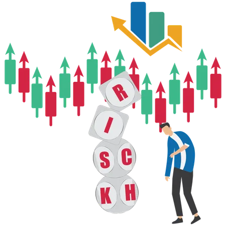 Businessman analyzes data using risk and rich terms financial graph  Illustration