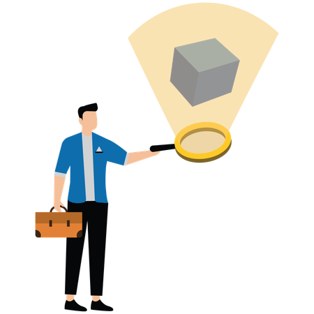 Businessman analyzes floating cube with magnifying glass symbolizing product research and case study  Illustration