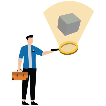 Businessman analyzes floating cube with magnifying glass symbolizing product research and case study  Illustration