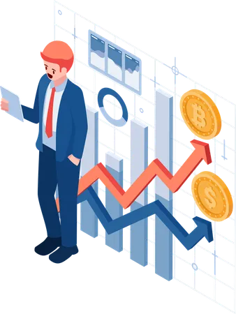 Flat 3 D Isometric Businessman Analyzing Cryptocurrency Market Trends Cryptocurrency And Bitcoin Investment Concept Illustration