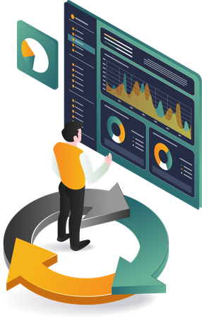 Businessman analyzing data on computer screen with graph  Illustration