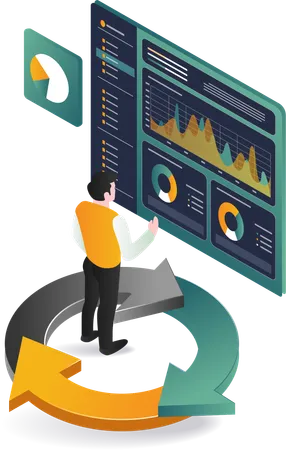 Businessman analyzing data on computer screen with graph  Illustration