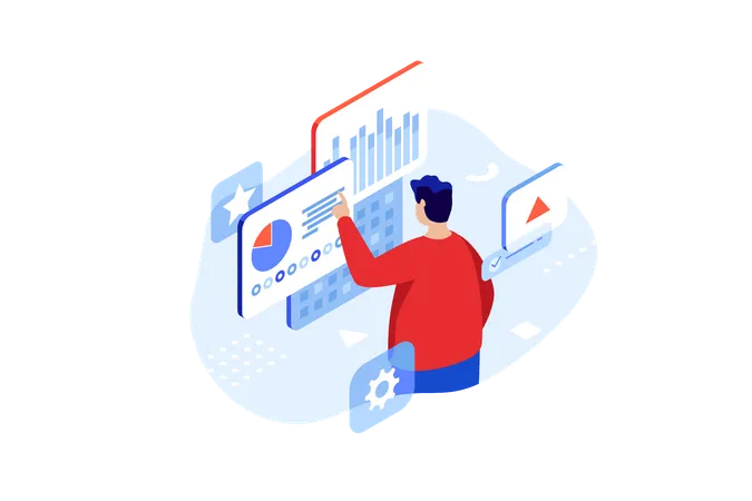 Businessman Analysing Commercial Data On Virtual Screens Strategy Planning Concept Isometric Vector Illustration Company Financial Expert Studying Infocharts Cartoon Character Colour Composition Illustration