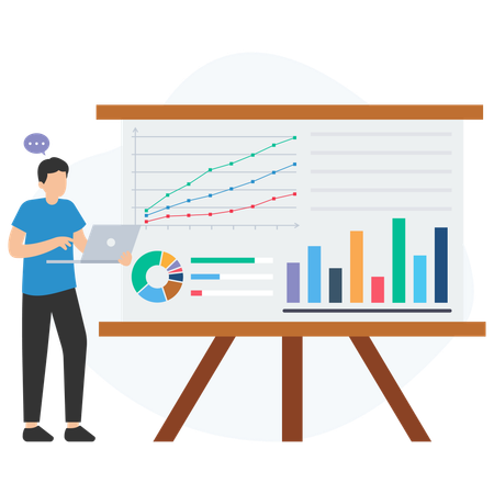 Businessman analyzing financial charts and graphs on presentation board  Illustration