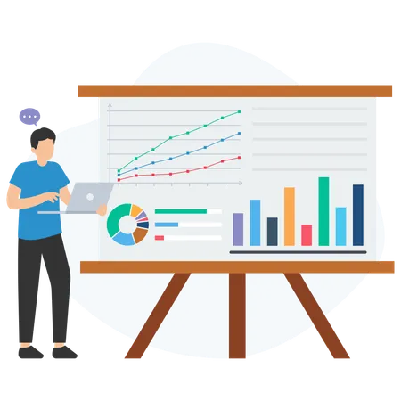 Businessman analyzing financial charts and graphs on presentation board  Illustration