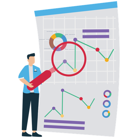 Businessman Analyzing Graph with Magnifying Glass  Illustration