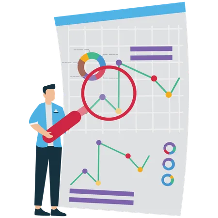 Businessman Analyzing Graph with Magnifying Glass  Illustration