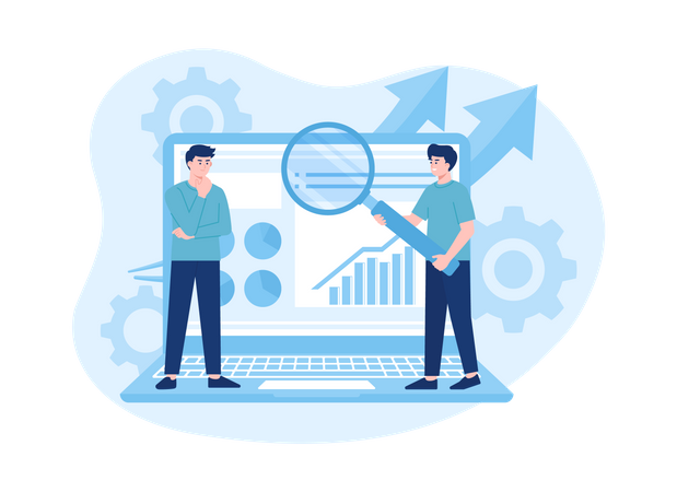 Businessman analyzing graph with magnifying glass  Illustration