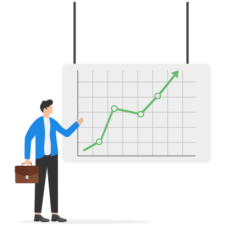 Businessman analyzing green upward arrow  Illustration