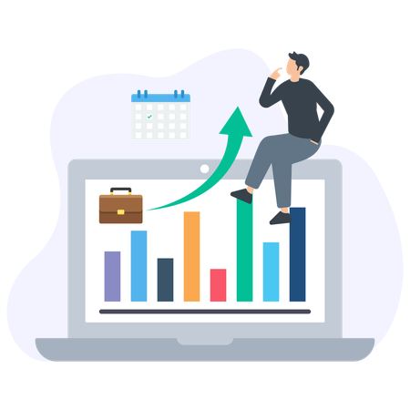 Businessman analyzing growth chart on laptop with calendar and briefcase icons  Illustration