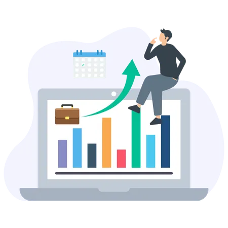 Businessman analyzing growth chart on laptop with calendar and briefcase icons  Illustration