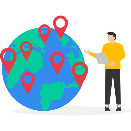 Businessman analyzing international map with pointer  Illustration