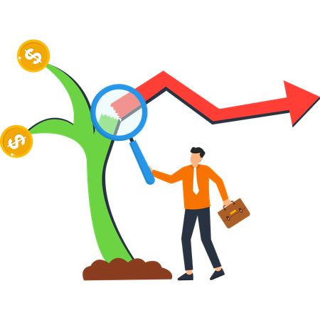 Businessman Analyzing Investment with Magnifying Glass and Upward Arrow  Illustration