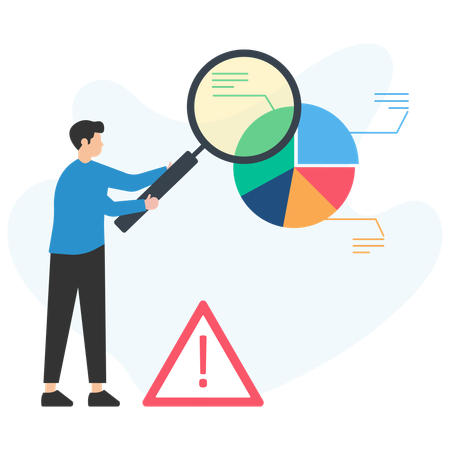 Businessman analyzing pie chart with magnifying glass and warning sign  Illustration
