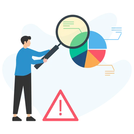 Businessman analyzing pie chart with magnifying glass and warning sign  Illustration