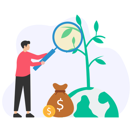 Businessman analyzing plant growth with magnifying glass for sustainable investment  Illustration