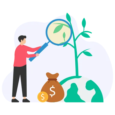 Businessman analyzing plant growth with magnifying glass for sustainable investment  Illustration
