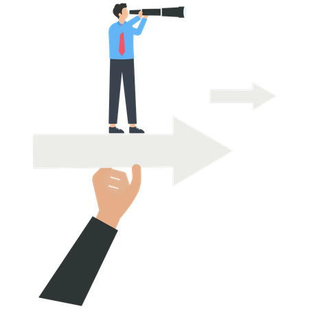 Businessman and a telescope standing on an arrow with a helping hand  Illustration