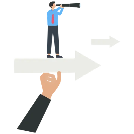 Businessman and a telescope standing on an arrow with a helping hand  Illustration