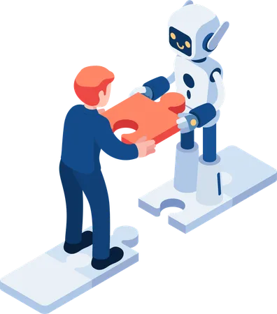 Businessman and AI Robot Assembly Jigsaw Together. Human and Robot Communication or Artificial Intelligence Technology Concept.  Illustration