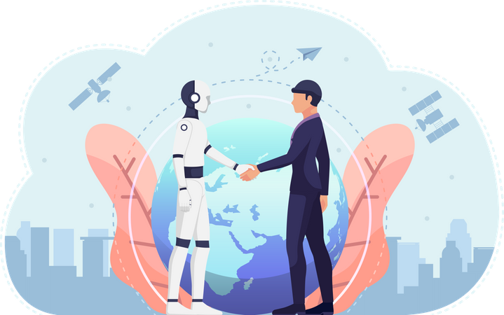 Businessman and ai robot shaking hand  Illustration