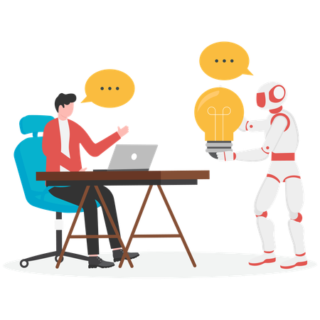 Businessman and AI robot working together in the office  Illustration