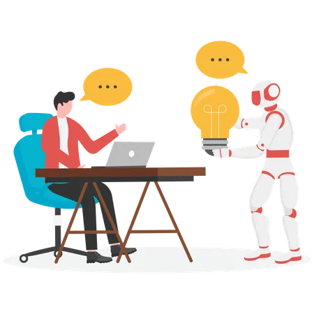 Businessman and AI robot working together in the office  Illustration