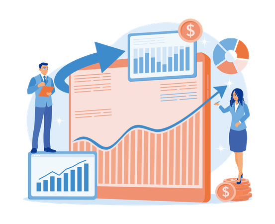 Businessman and assistant analyzing financial graphs and charts using tablet  Illustration