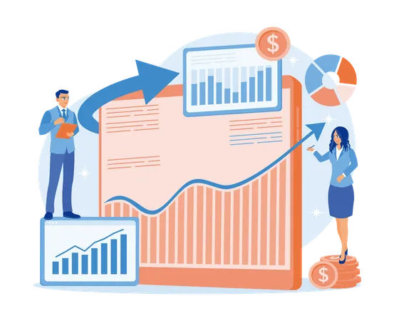 Businessman and assistant analyzing financial graphs and charts using tablet  Illustration