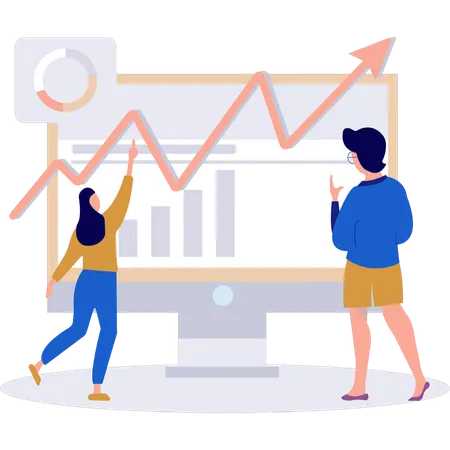 Businessman and business woman talking about business graph on monitor  Illustration