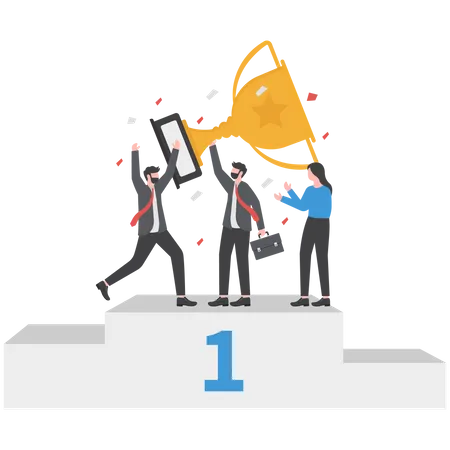 Team Success Win Together Teamwork Or Collaboration To Achieve Goal Together Group Winner Or Team Victory Concept Businessman And Businesswoman Colleagues Hold Winning Trophy On First Place Podium Illustration