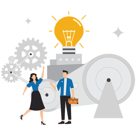 Businessman and businesswoman communicating with colleagues with lightbulb symbol  Illustration