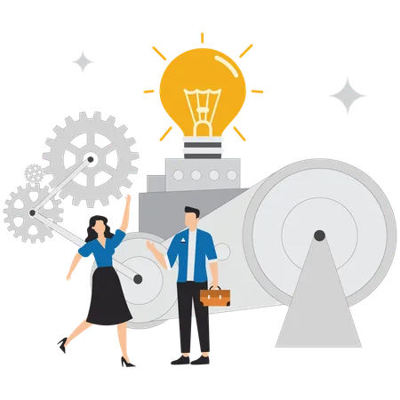 Businessman and businesswoman communicating with colleagues with lightbulb symbol  Illustration