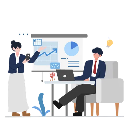 Vector Illustration Of A Businessman And Businesswoman Discussing Data Charts And Graphs During A Presentation Ideal For Business Meetings Project Planning And Teamwork Visuals 일러스트레이션