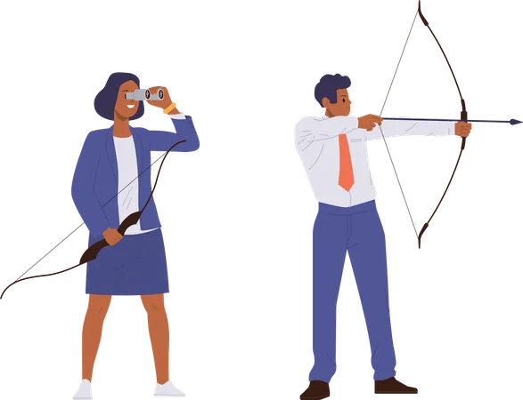 Businessman And Businesswoman Cartoon Character Holding Bow And Arrow Isolated Set Male Office Worker Aiming In Target And Shooting Female Entrepreneur Looking In Binocular Vector Illustration Illustration