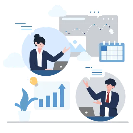 Work From Home Video Conference Vector Illustration A Businessman And Businesswoman In A Video Conference Call Discussing Data Charts Graphs And Calendar Schedules Ideal For Remote Work Virtual Meetings And Online Collaboration Illustration