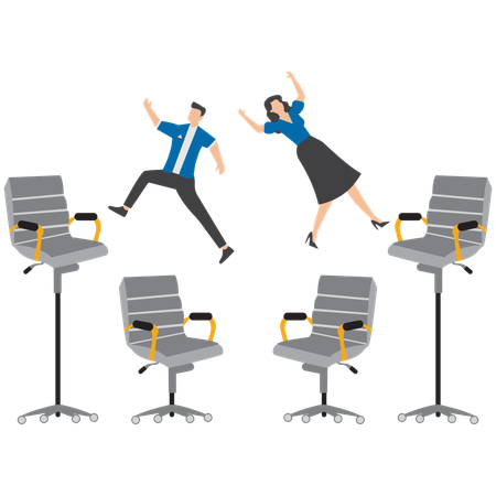 Businessman and businesswoman jump onto office chair symbolizing job rotation for new skill and responsibility  Illustration