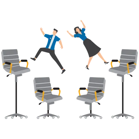 Businessman and businesswoman jump onto office chair symbolizing job rotation for new skill and responsibility  Illustration