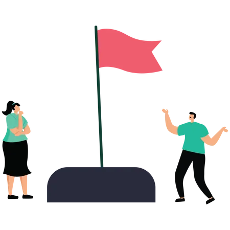 Businessman and businesswoman look at red flag warning  Illustration