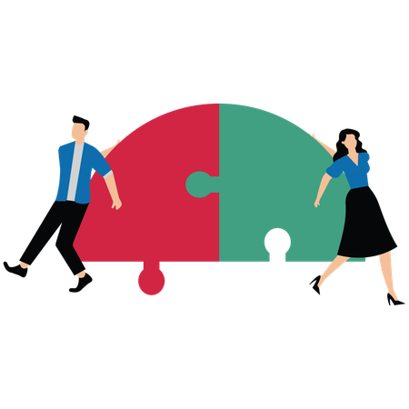 Businessman and businesswoman partner connect jigsaw puzzle piece to solve challenge together  Illustration
