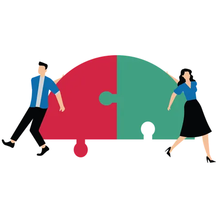 Businessman and businesswoman partner connect jigsaw puzzle piece to solve challenge together  Illustration