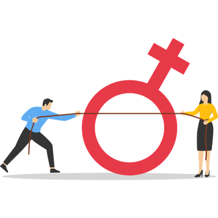 Businessman and businesswoman pulling a rope with feminism  Illustration