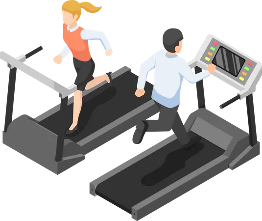 Flat 3 D Isometric Businessman And Businesswoman Running On Treadmill Business Training Concept Illustration