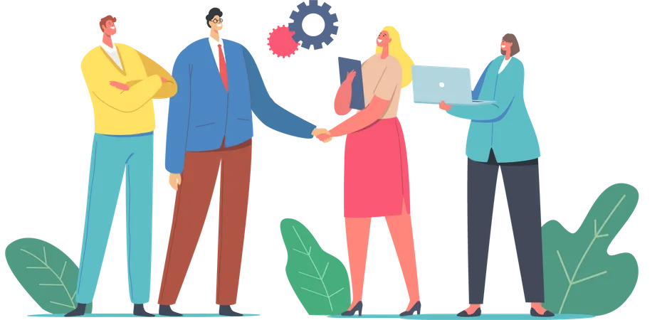Businessman and Businesswoman Shaking Hands Selling Products and Services Illustration
