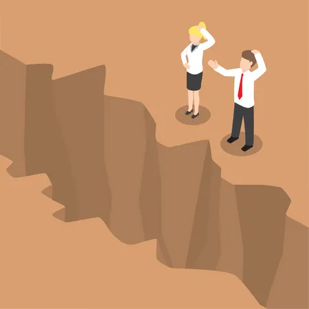 Businessman and businesswoman standing at edge of the cliff  Illustration