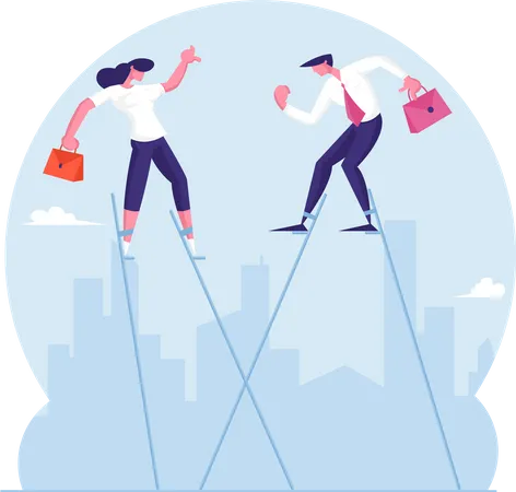 Businessman and Businesswoman Walking Balancing on Stilts at Cityscape Background. Business People Trying to Survive in Crisis Situation Rising above of Circumstances Cartoon Flat Vector Illustration  Illustration
