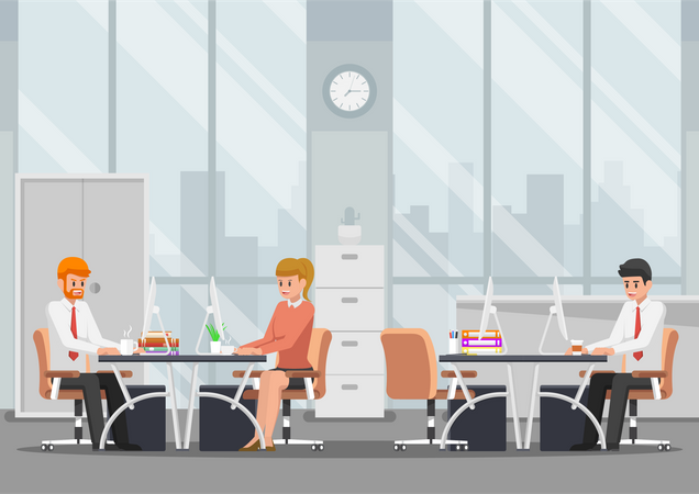 Businessman and businesswoman working in modern office Illustration