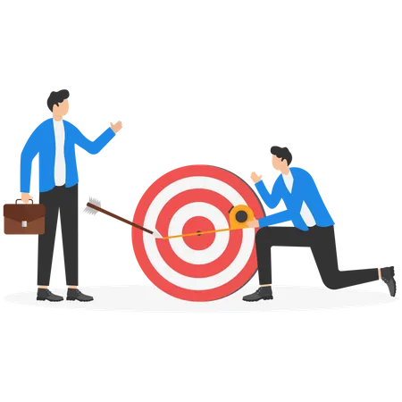 Accurate Measurement To Assess Business Performance Error Checking To Improve Goal Concept Businessman And Colleague Helping Each Other To Measure Distance Between Arrow And Bullseye Illustration