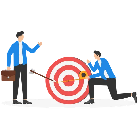 Businessman and colleague helping each other to measure distance between arrow and bullseye  Illustration