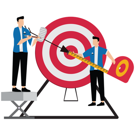 Businessman and colleague helping each other to measure distance between arrow and bullseye  Illustration